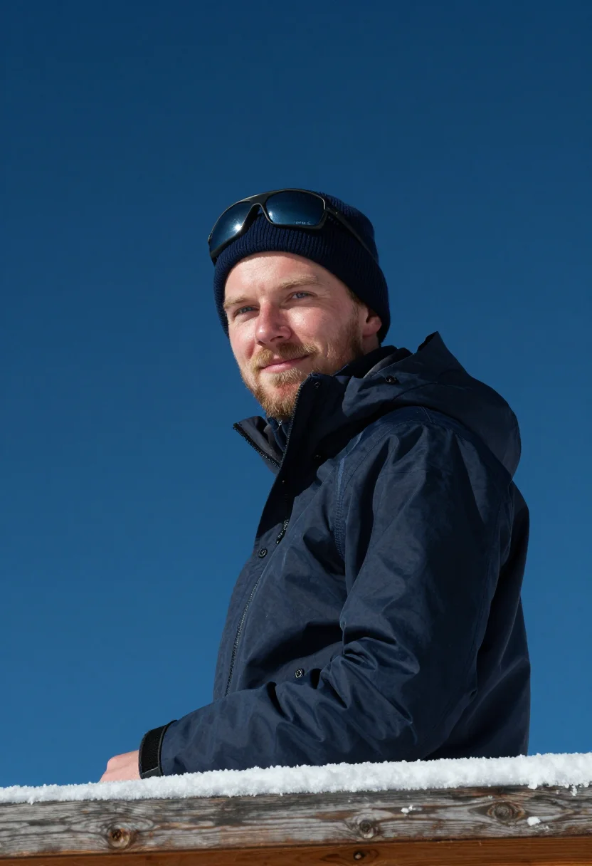 AI mountain hut terrace navy sample — portrait of a man, framed chest-up, cropped at the ribs, the