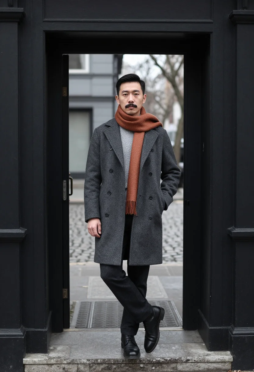 AI movember moustache charcoal sample — portrait of a man, framed full-length, head to boots, an Eas