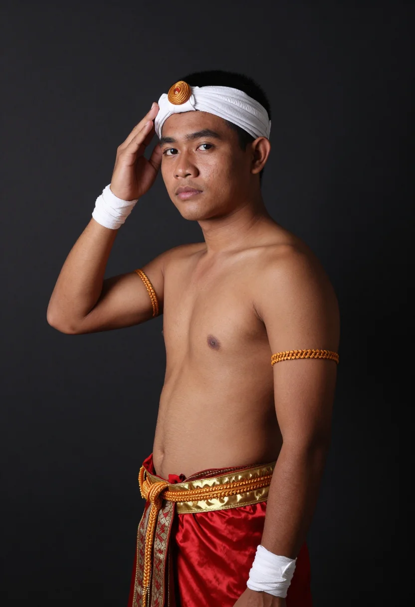 AI muay thai kru sample — portrait of a man, chest-up three-quarter portrait of a Thai