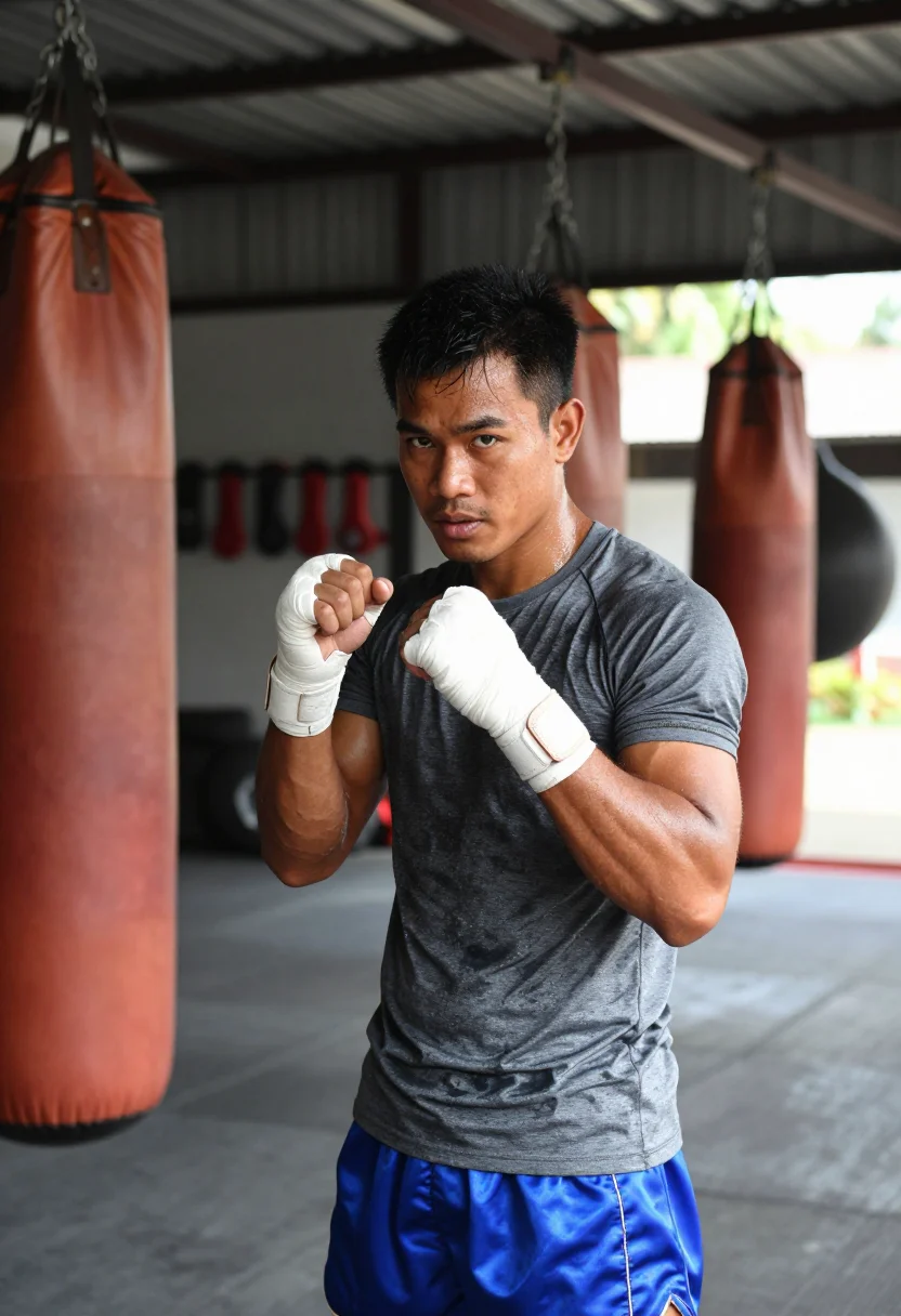 AI muay thai kru sample — portrait of a man, chest-up three-quarter portrait of a Thai