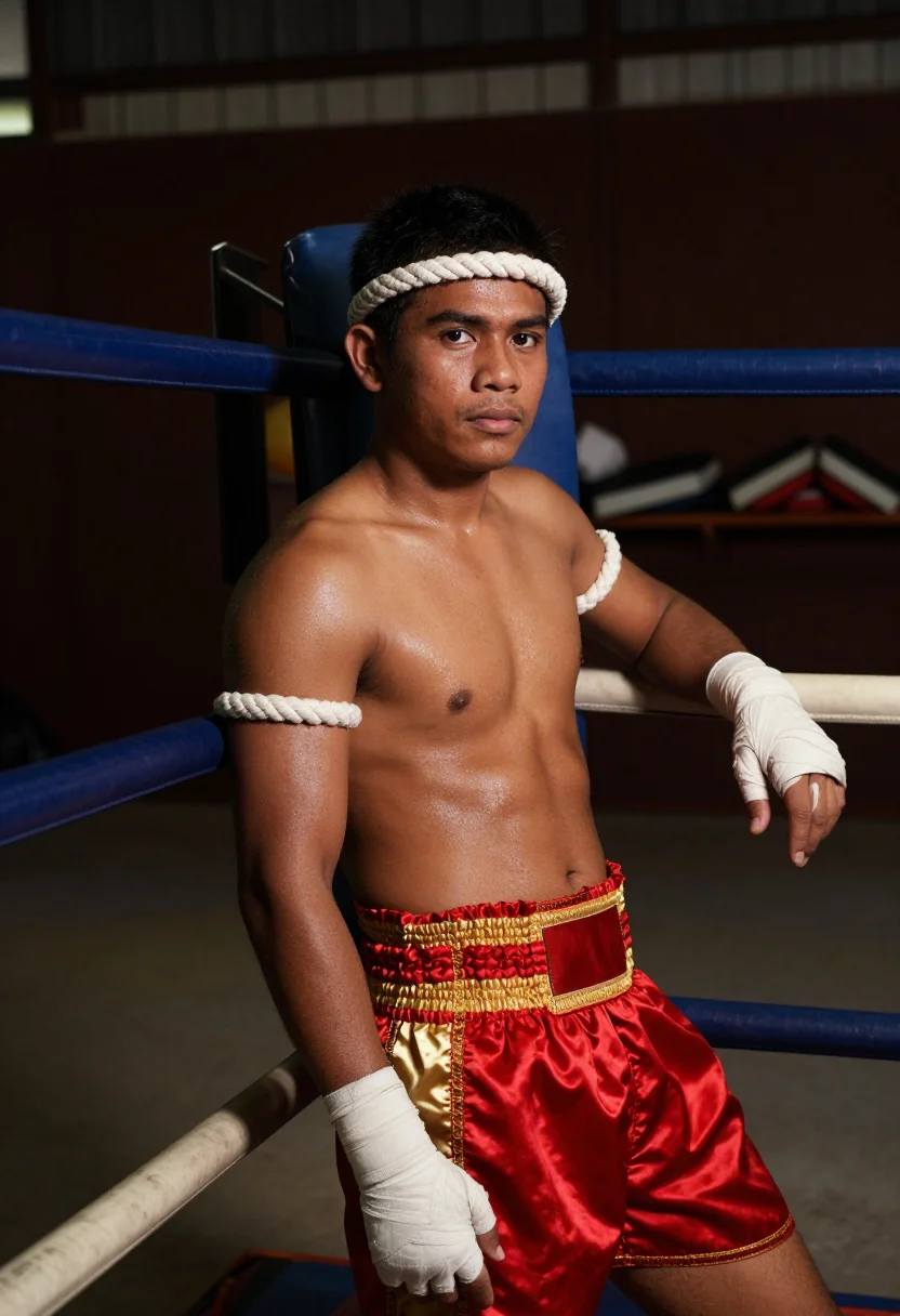 AI muay thai kru sample — portrait of a man, chest-up three-quarter portrait of a Thai