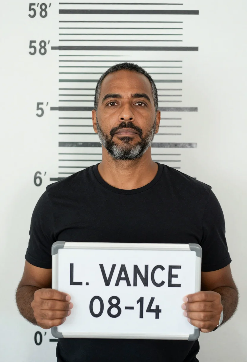 AI mugshot sample — a booking photograph of a man in his forties with deep brown