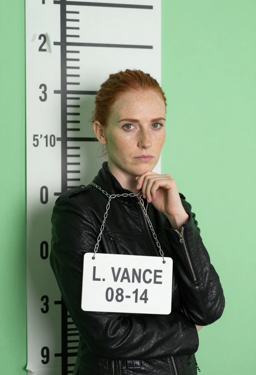 AI mugshot sample — a booking photograph of a woman in her late twenties with pa