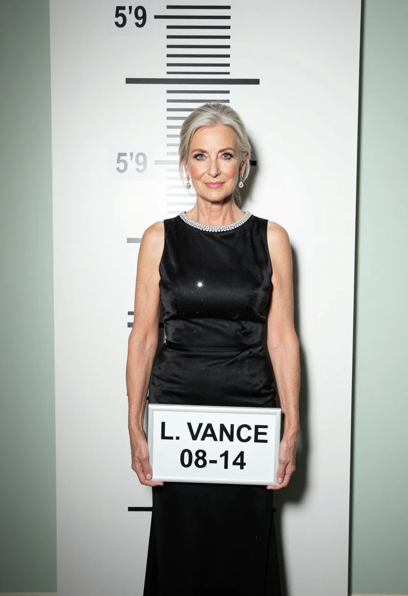 AI mugshot sample — a booking photograph of a woman in her fifties with fair ski
