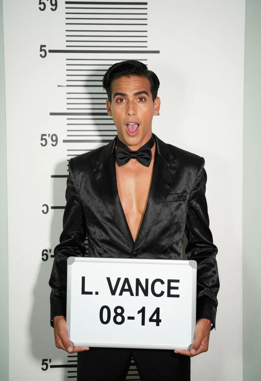 AI mugshot sample — a booking photograph of a man in his late twenties with gold
