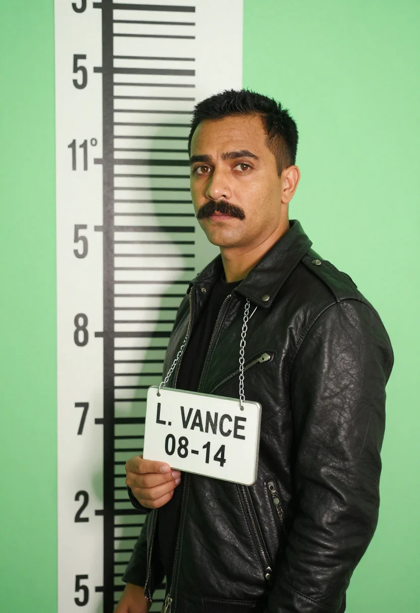 AI mugshot sample — a booking photograph of a man in his thirties with warm tan