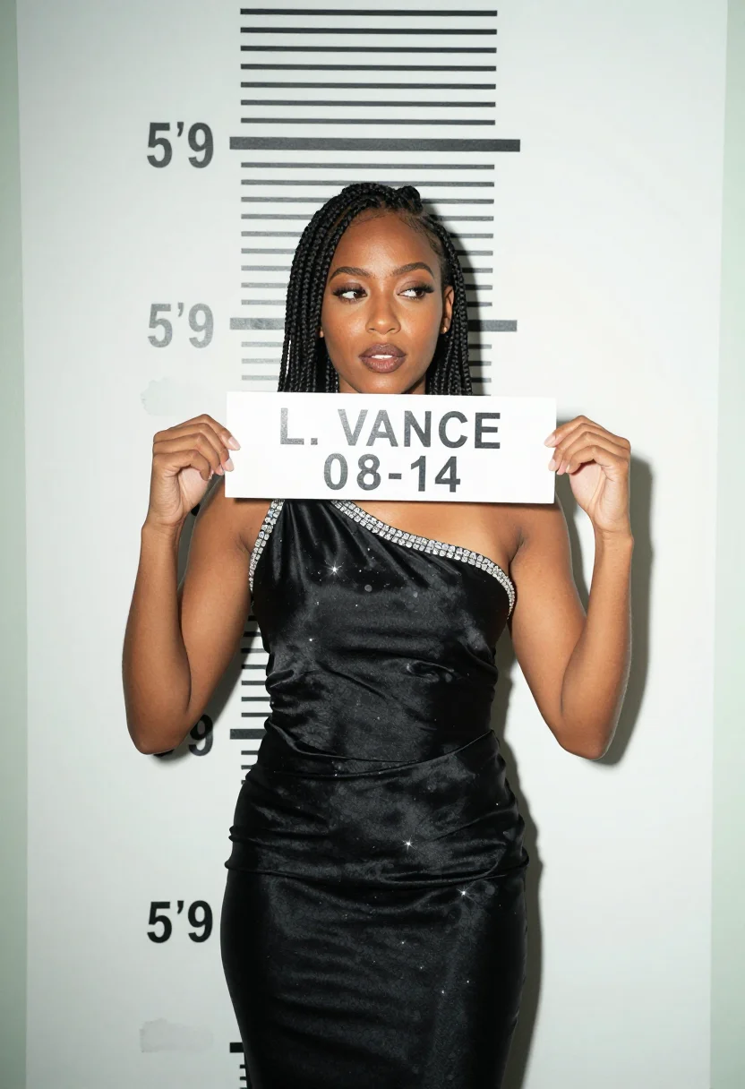 AI mugshot sample — a booking photograph of a woman in her thirties with warm br