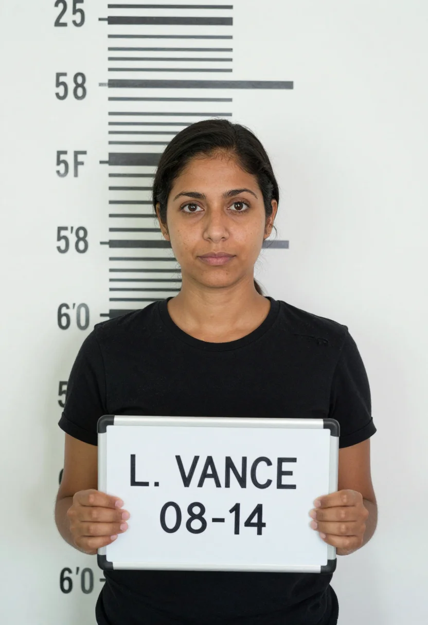 AI mugshot sample — a booking photograph of a woman in her thirties with warm ol
