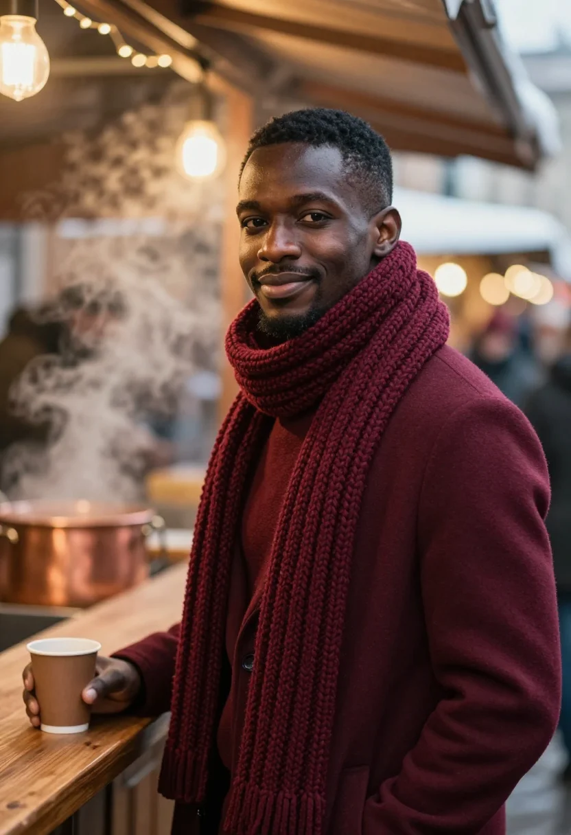 AI mulled wine burgundy sample — portrait of a man, chest-up winter portrait of a Black man i