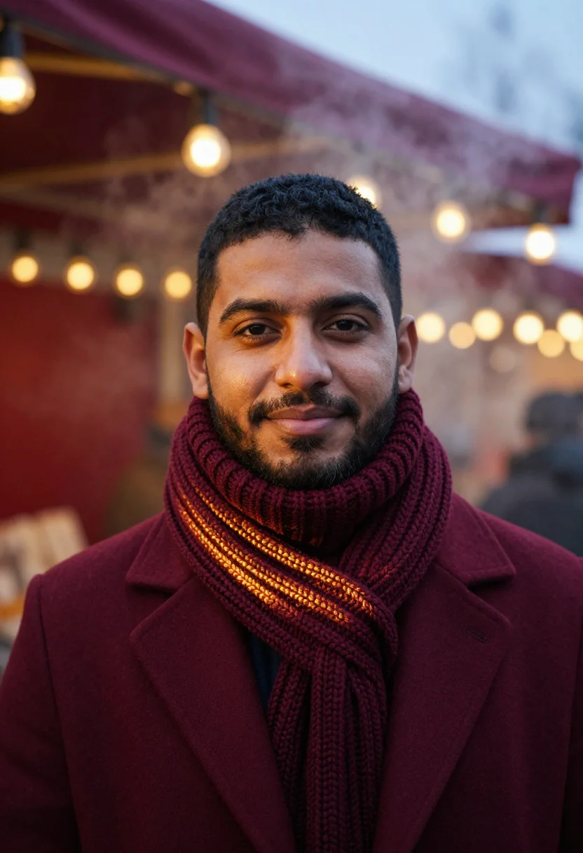AI mulled wine burgundy sample — portrait of a man, tight head-and-shoulders winter portrait