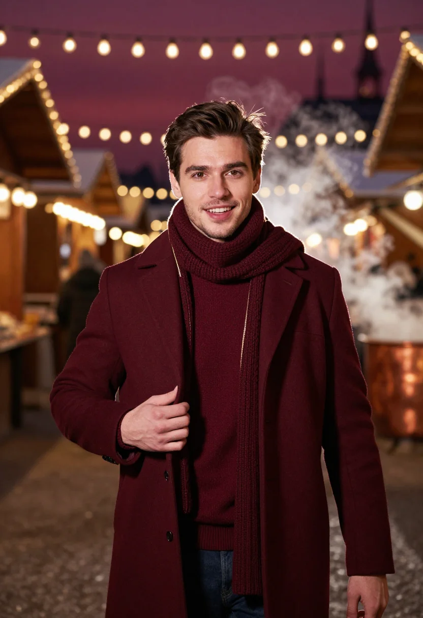 AI mulled wine burgundy sample — portrait of a man, upper-chest winter portrait of a Western-