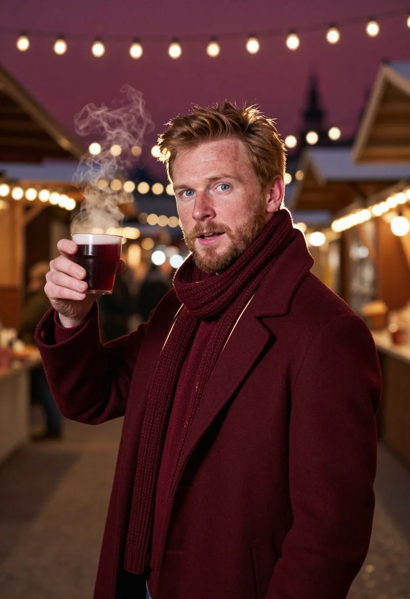 AI mulled wine burgundy sample — portrait of a man, upper-chest winter portrait of a Western-