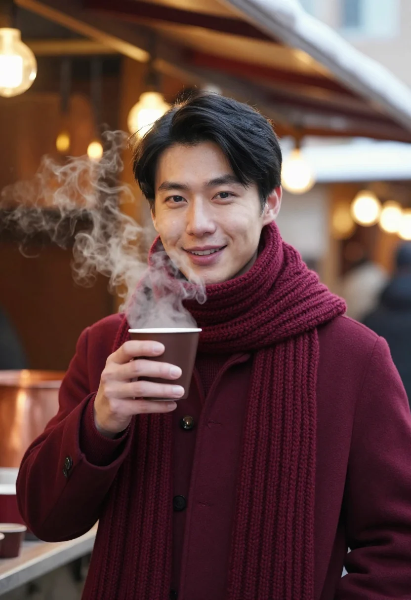 AI mulled wine burgundy sample — portrait of a man, upper-chest winter portrait of an East-As