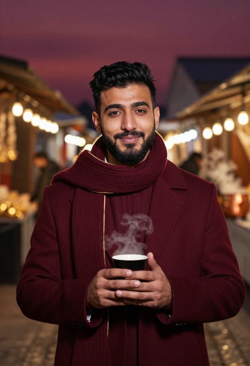 AI mulled wine burgundy sample — portrait of a man, upper-chest winter portrait of a Middle-E