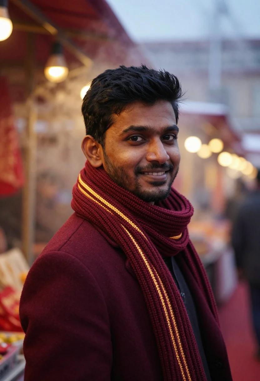 AI mulled wine burgundy sample — portrait of a man, tight head-and-shoulders winter portrait