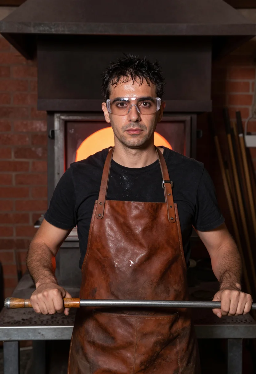 AI murano glassblower sample — portrait of a man, chest-up portrait of an Italian man in hi