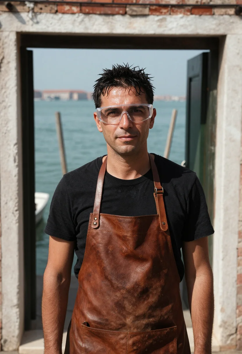 AI murano glassblower sample — portrait of a man, chest-up portrait of an Italian man in hi