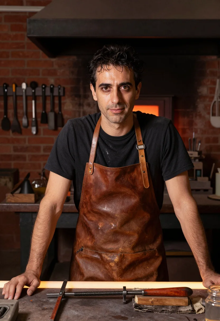 AI murano glassblower sample — portrait of a man, chest-up portrait of an Italian man in hi