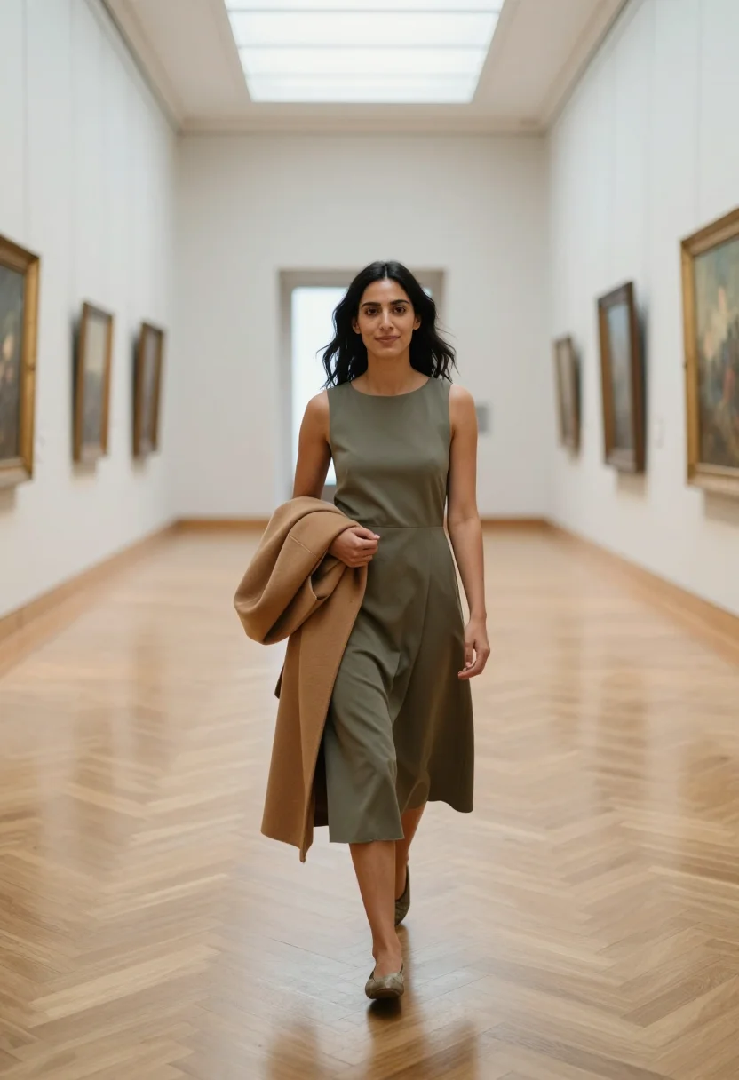 AI museum afternoon sample — portrait of a woman, full-length candid photograph of a Medi