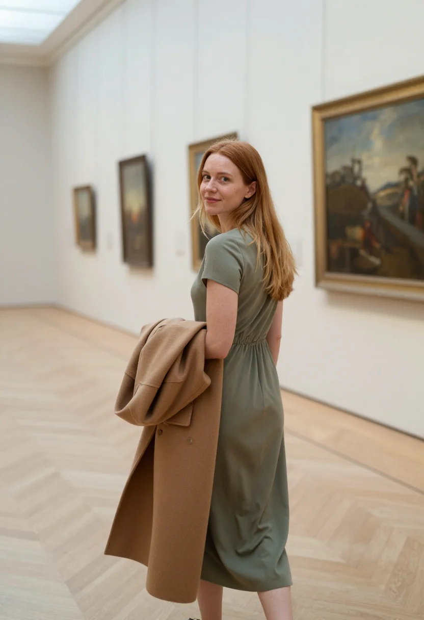 AI museum afternoon sample — portrait of a woman, chest-up candid photograph of a Western