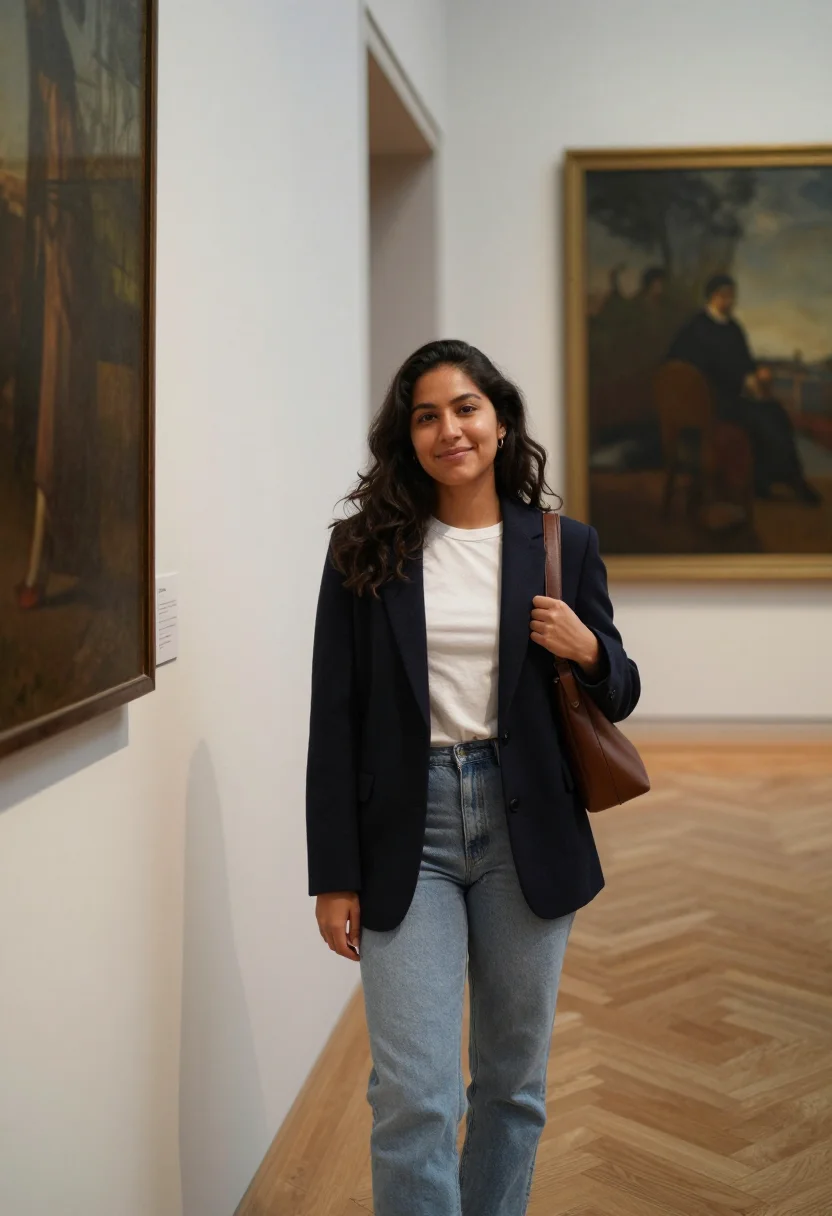 AI museum afternoon sample — portrait of a woman, full-length candid photograph of a Lati