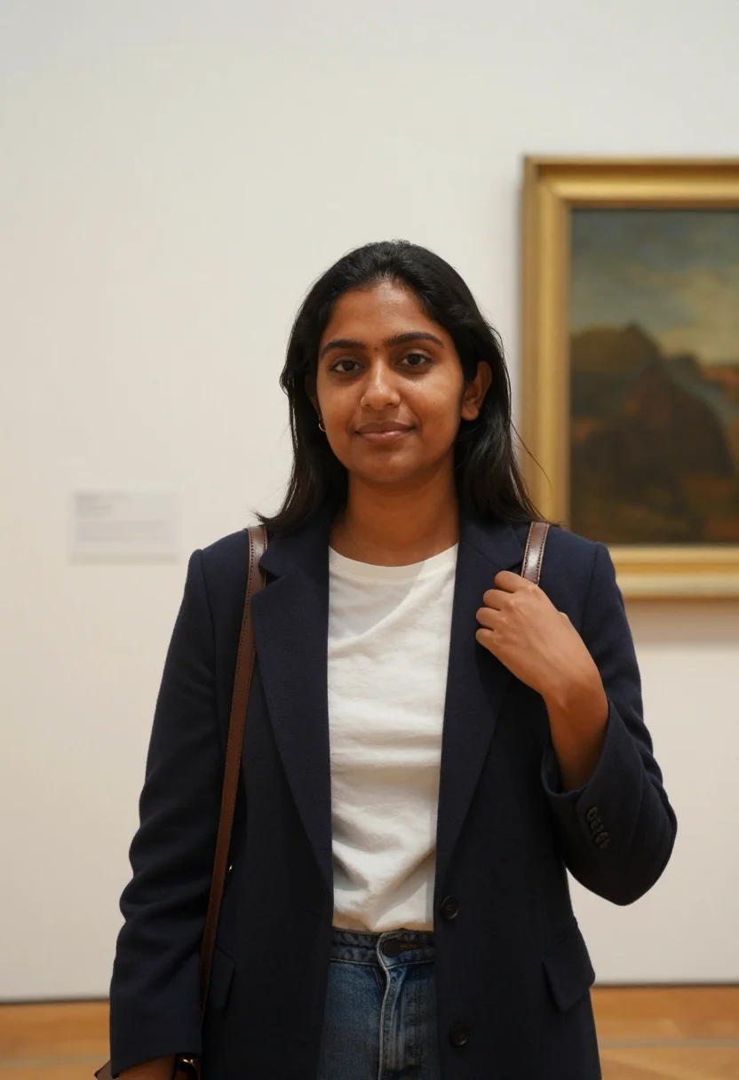 AI museum afternoon sample — portrait of a woman, chest-up candid photograph of a South-A