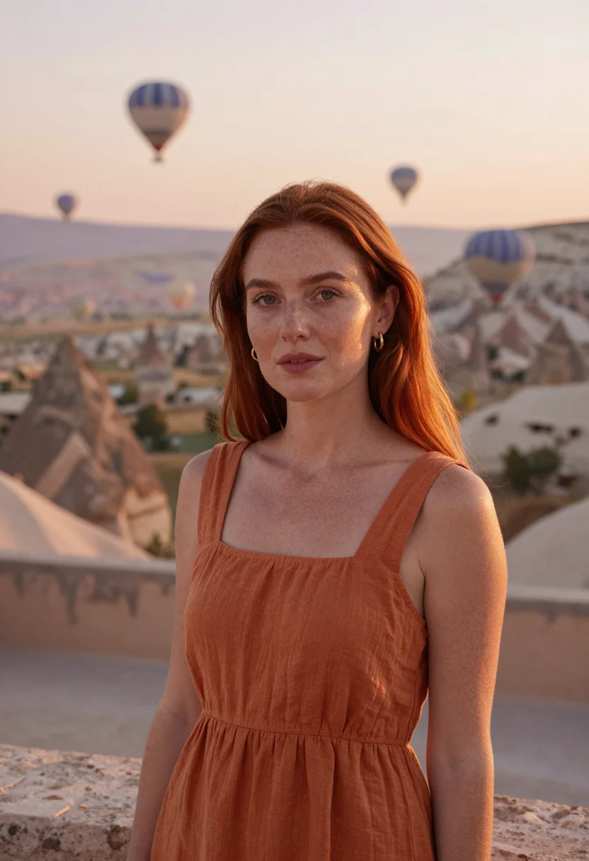 AI museum hotel cappadocia cave terrace ochre sample — portrait of a woman, a British guest in her late twenties wi