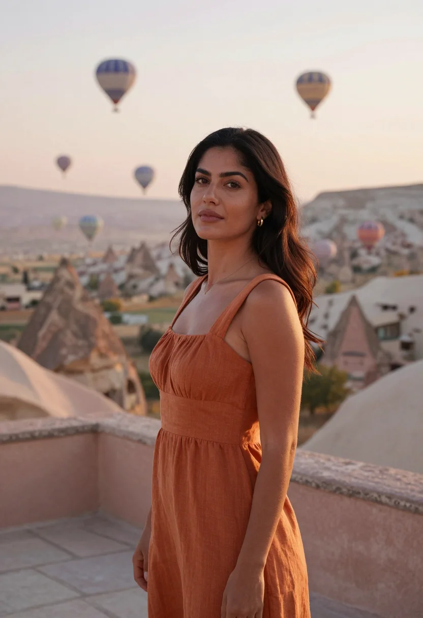 AI museum hotel cappadocia cave terrace ochre sample — portrait of a woman, a Spanish guest in her early thirties w