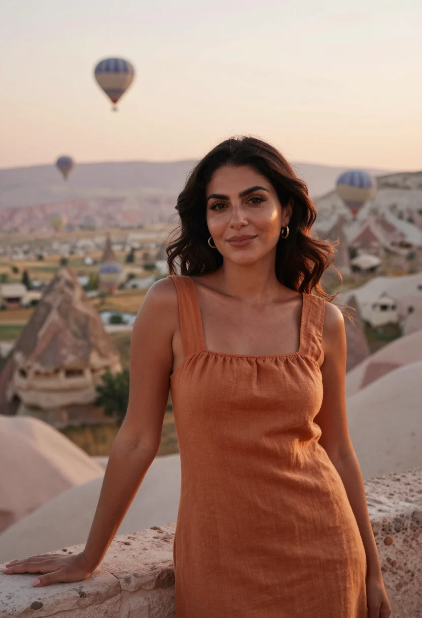 AI museum hotel cappadocia cave terrace ochre sample — portrait of a woman, a Turkish guest in her early forties wi