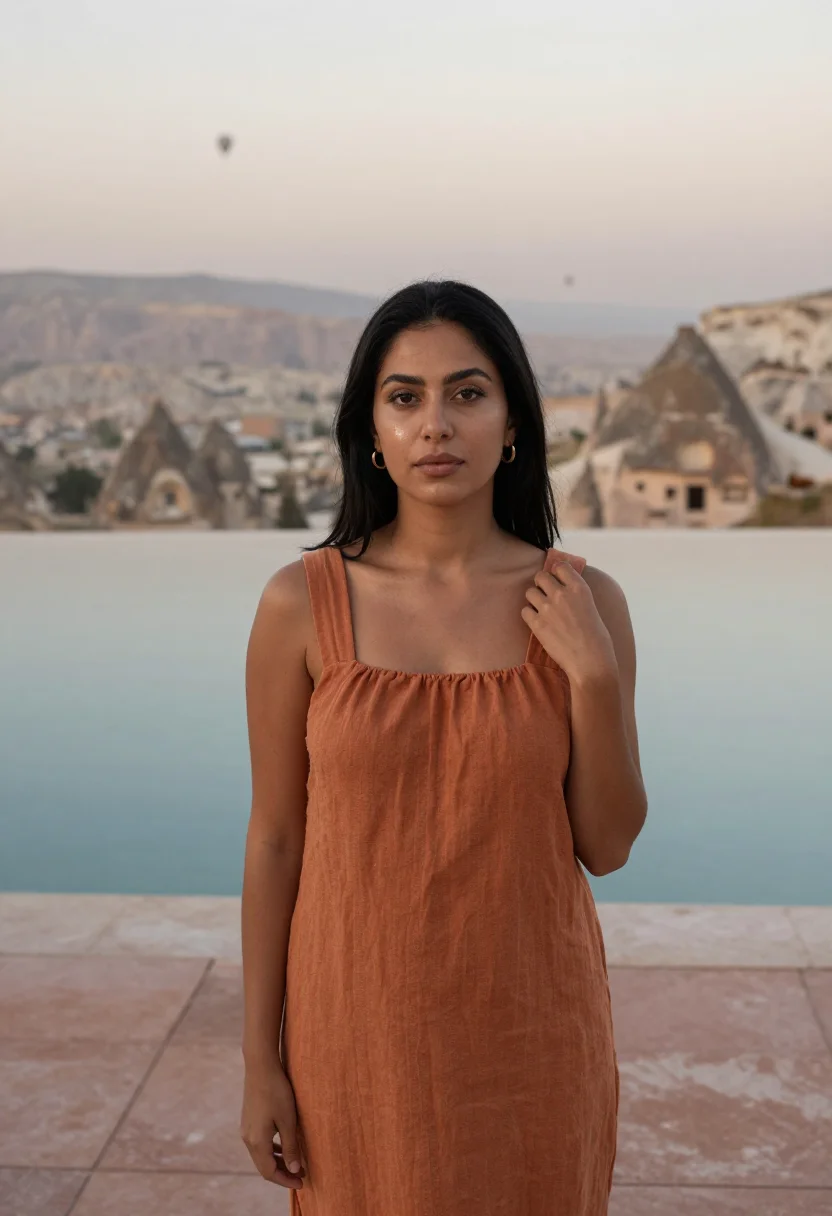 AI museum hotel cappadocia cave terrace ochre sample — portrait of a woman, a Persian guest in her mid-thirties wit