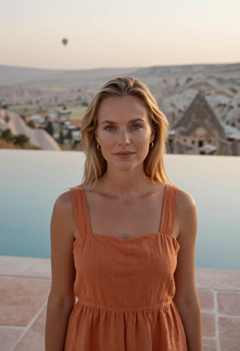 AI museum hotel cappadocia cave terrace ochre sample — portrait of a woman, a Swedish guest in her mid-twenties wit