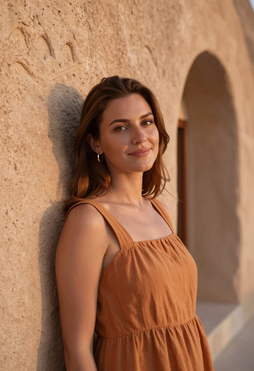 AI museum hotel cappadocia cave terrace ochre sample — portrait of a woman, a French guest in her early thirties wi