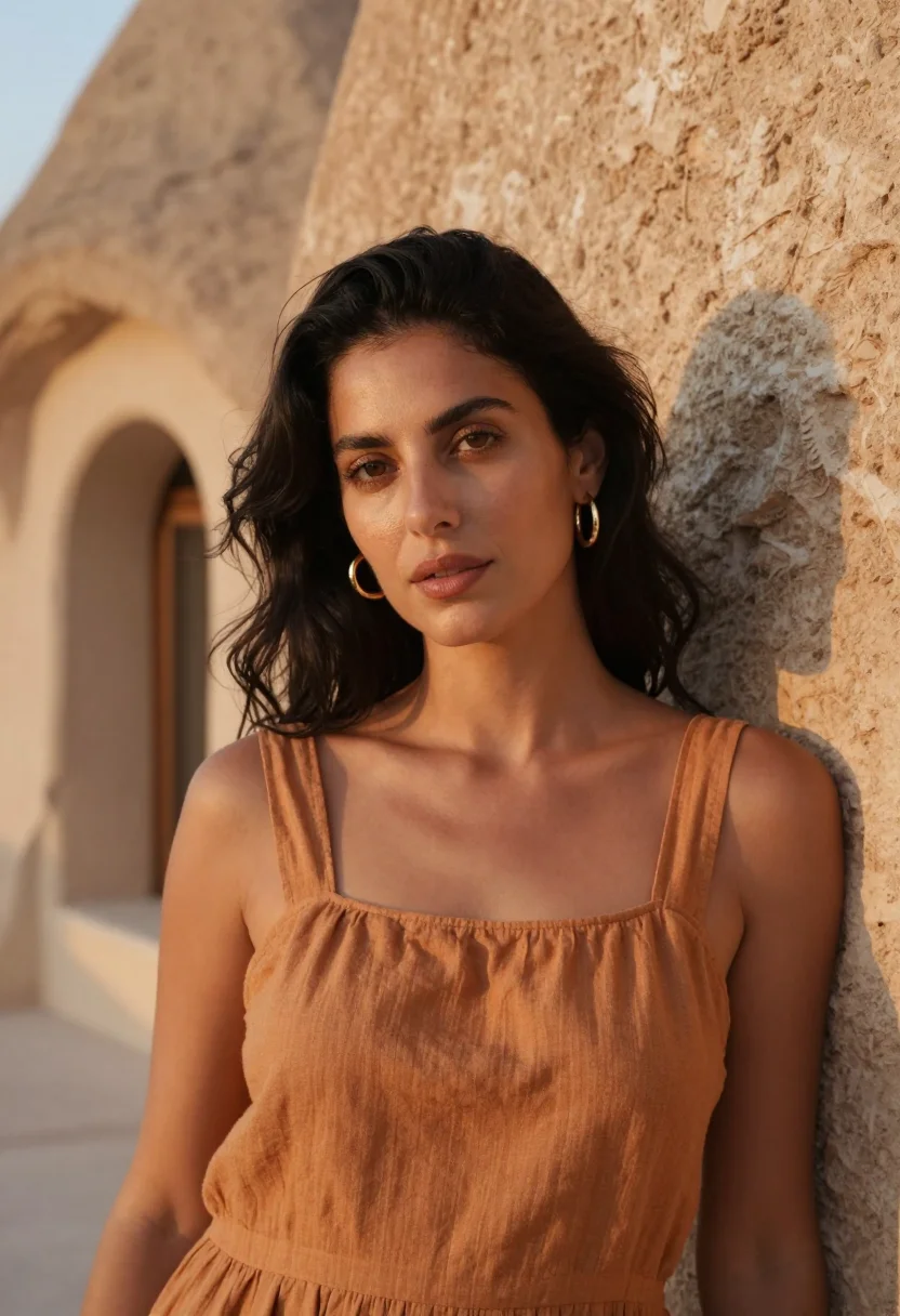 AI museum hotel cappadocia cave terrace ochre sample — portrait of a woman, an Italian guest in her mid-thirties wi
