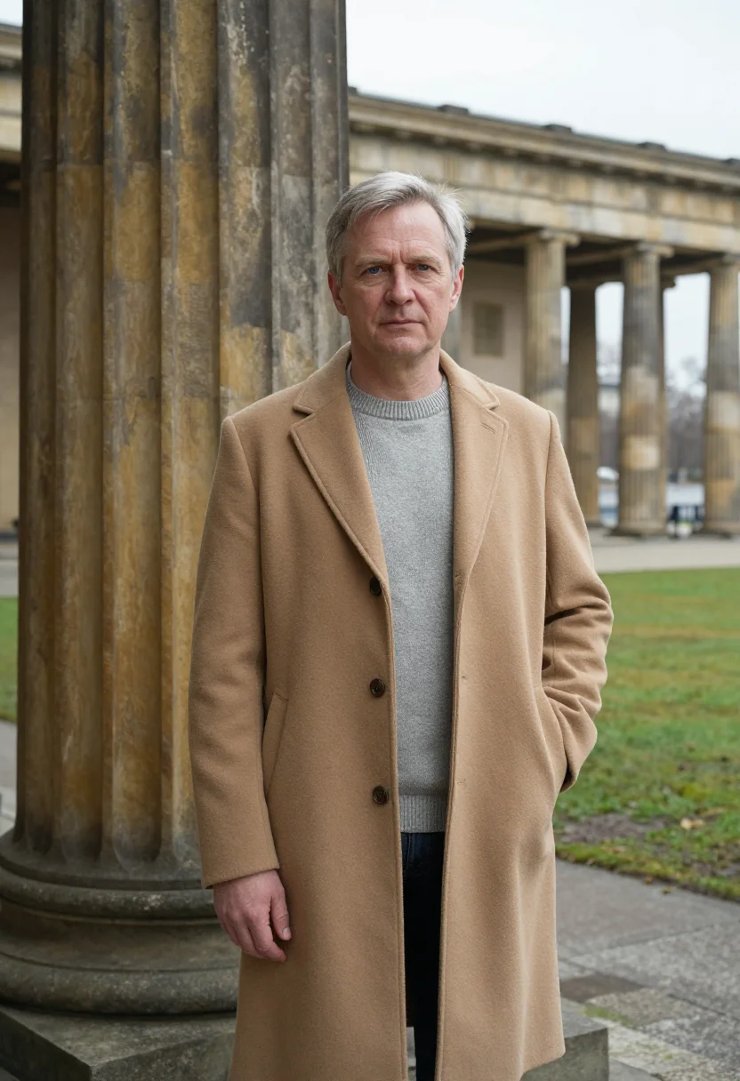 AI museum island curator sandstone colonnade sample — portrait of a man, half-length portrait of a Western-Europea