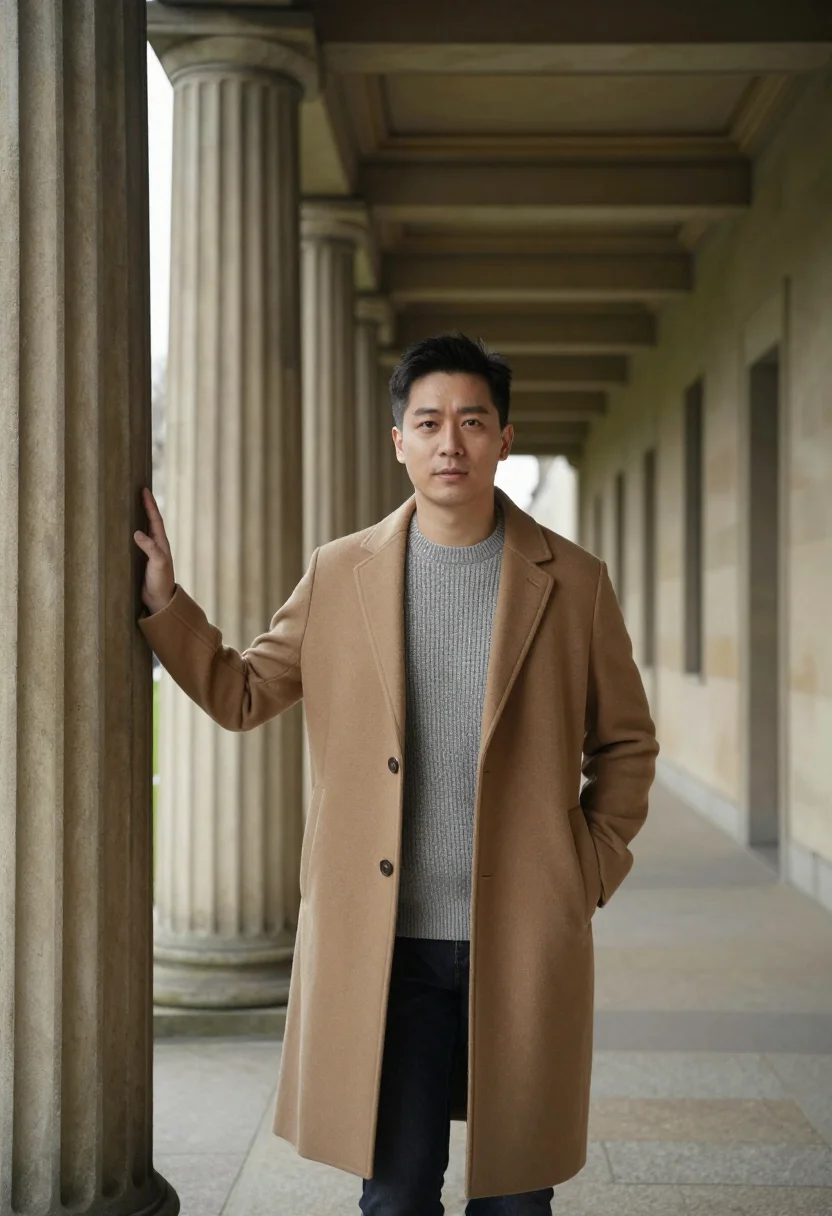 AI museum island curator sandstone colonnade sample — portrait of a man, half-length portrait of an East-Asian man