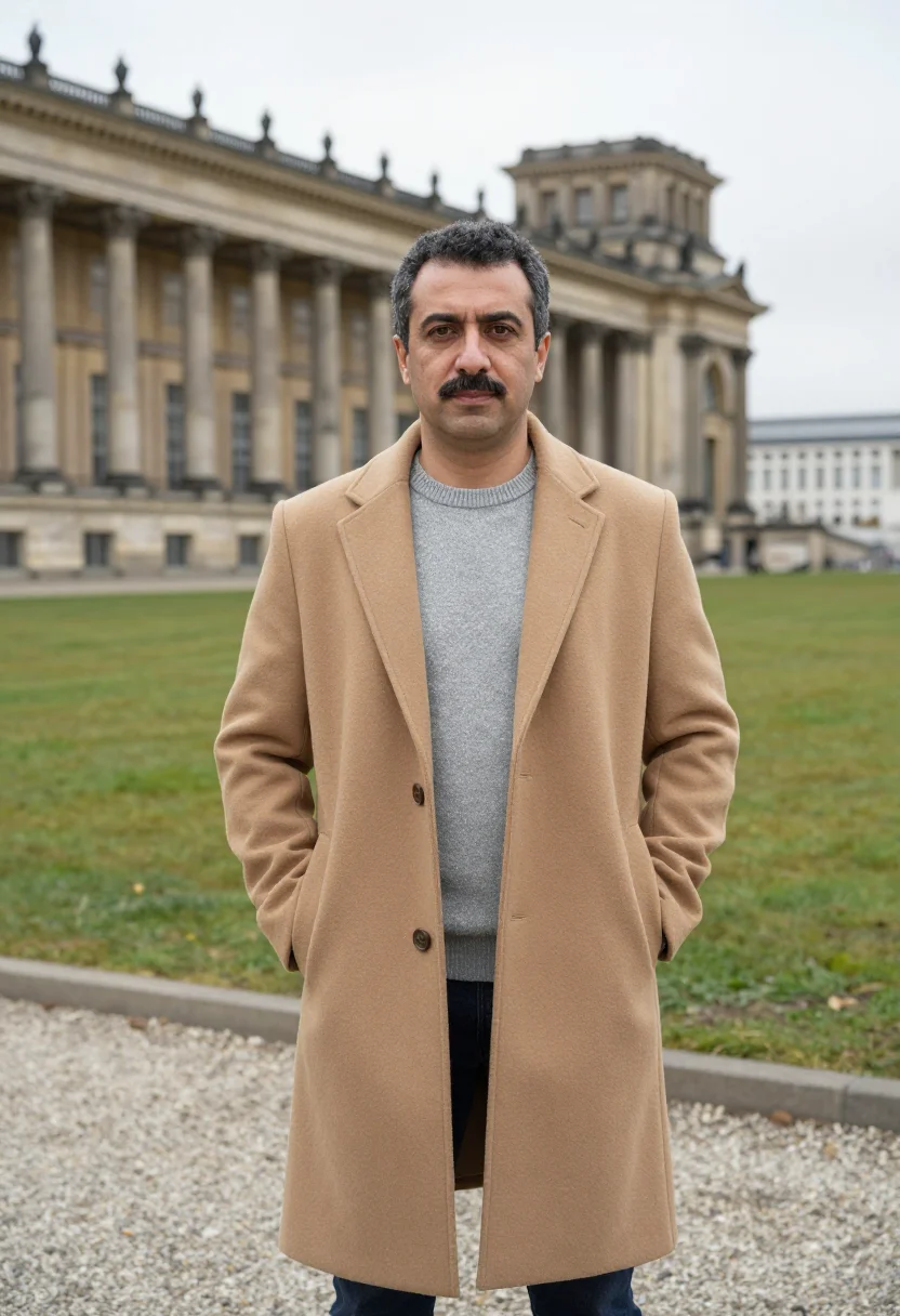 AI museum island curator sandstone colonnade sample — portrait of a man, half-length portrait of a Turkish man in