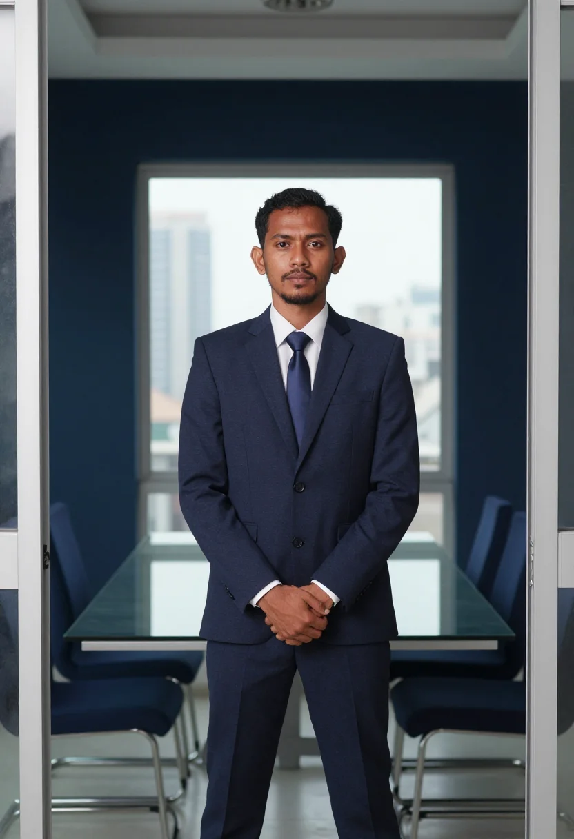 AI muslim headshot navy sample — portrait of a man, framed full-length and wide from the room