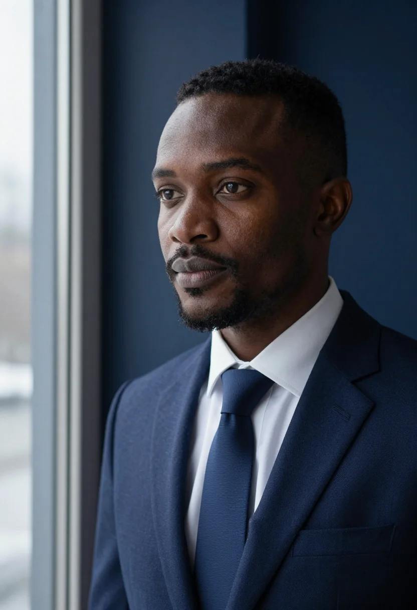 AI muslim headshot navy sample — portrait of a man, framed tight, head and shoulders, the bod