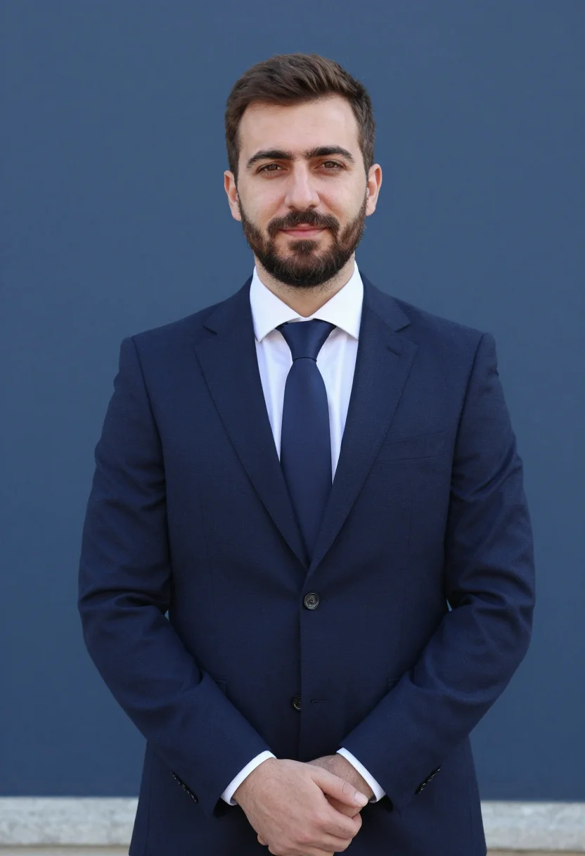AI muslim headshot navy sample — portrait of a man, framed half-length from the head to the h