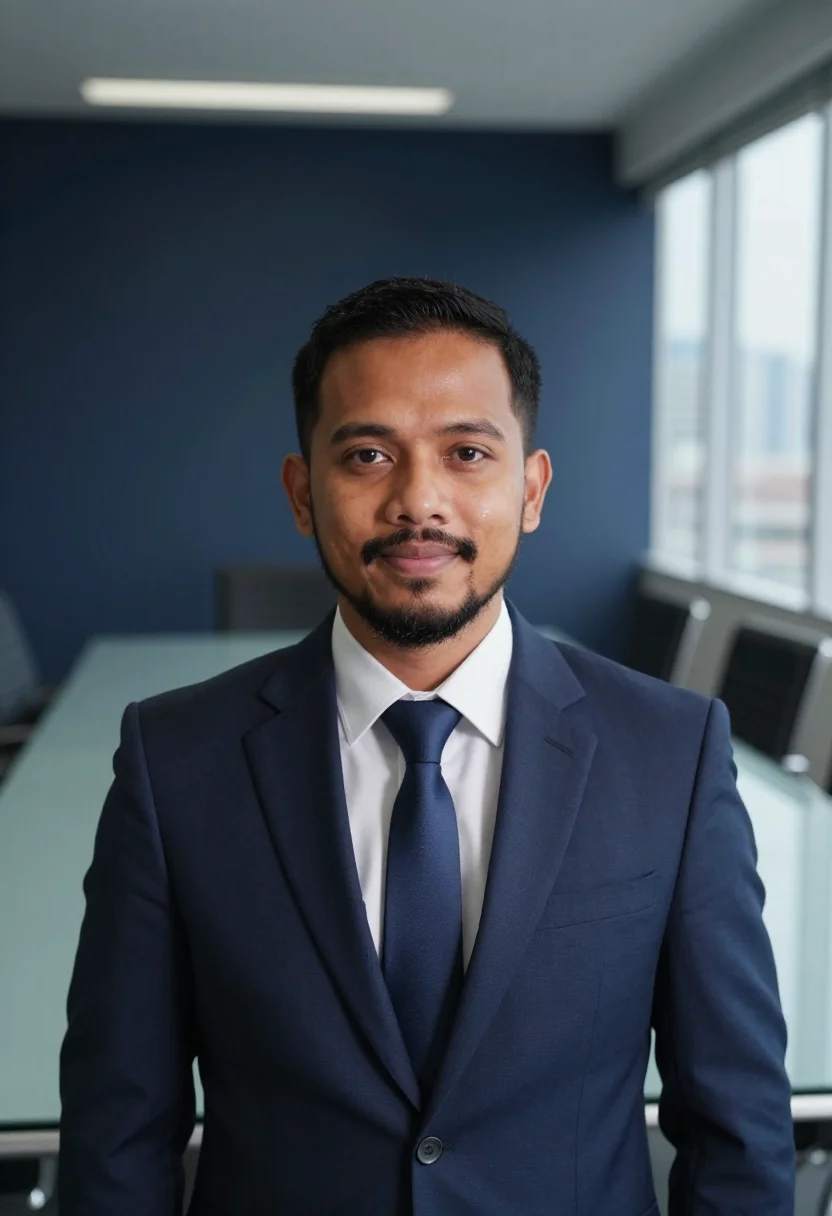 AI muslim headshot navy sample — portrait of a man, framed tight, head and shoulders, the bod