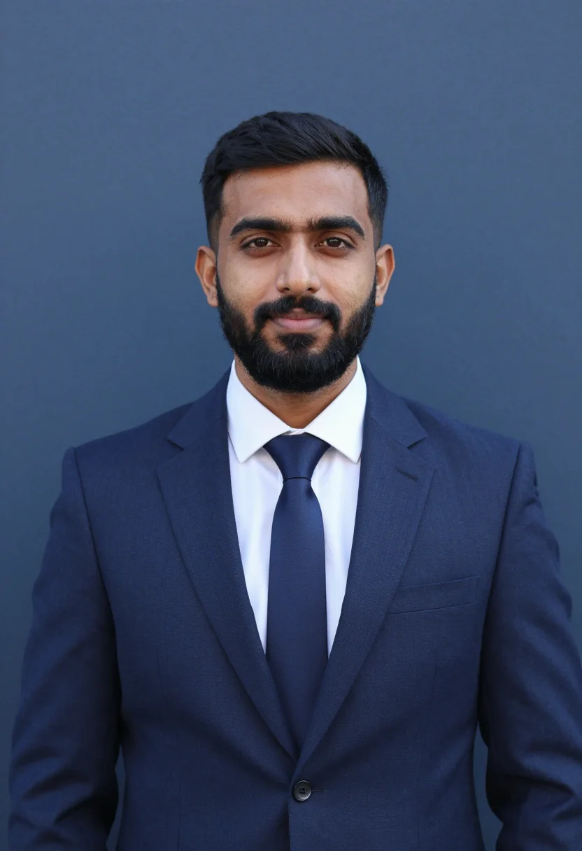 AI muslim headshot navy sample — portrait of a man, framed chest-up, cropped at the ribs, the