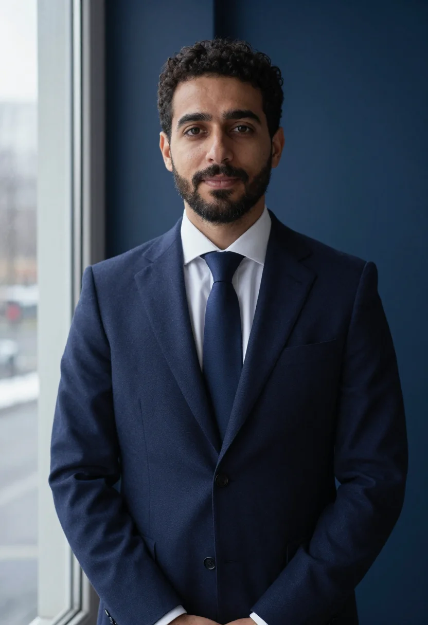 AI muslim headshot navy sample — portrait of a man, framed chest-up, cropped at the ribs, the