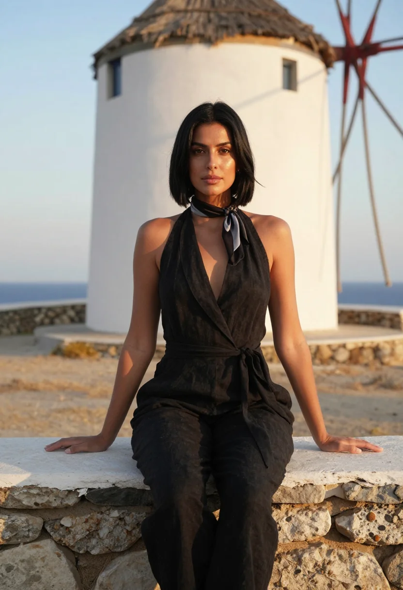 AI mykonos sample — portrait of a woman, with warm ivory skin, dark eyes and str