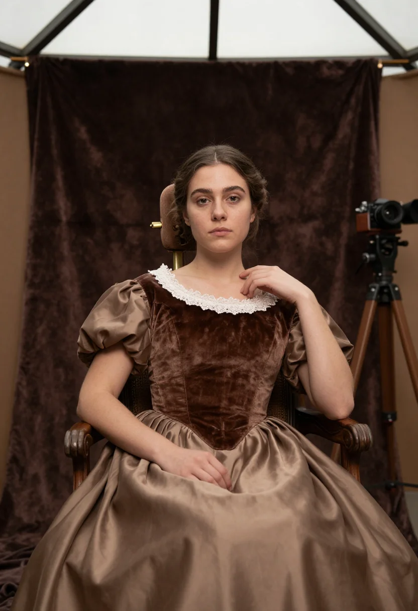 AI nadar sepia sample — portrait of a woman, chest-up seated portrait of a Western-E