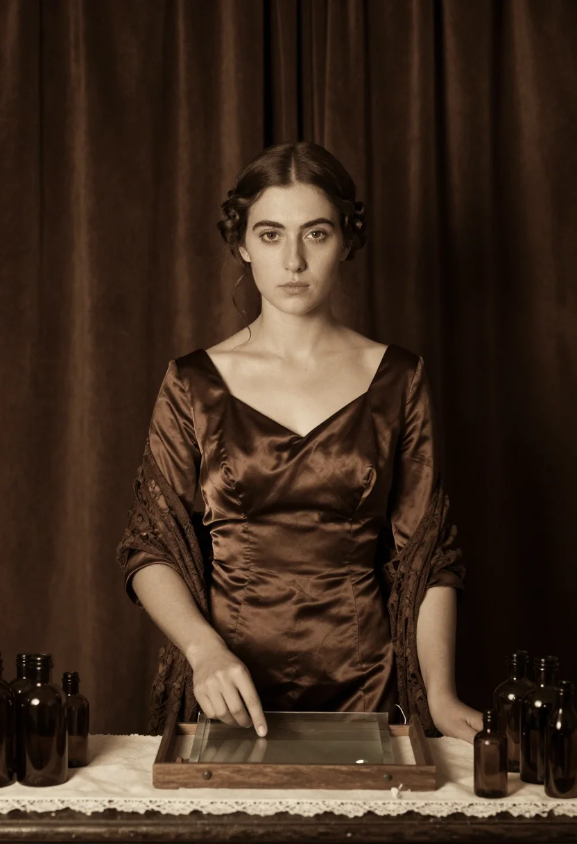AI nadar sepia sample — portrait of a woman, wide standing portrait of a Western-Eur