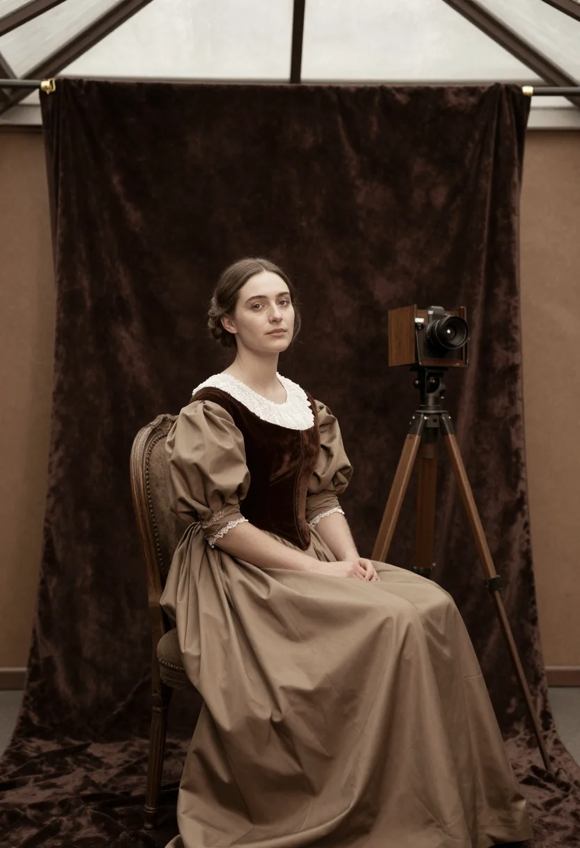 AI nadar sepia sample — portrait of a woman, wide seated three-quarter portrait of a