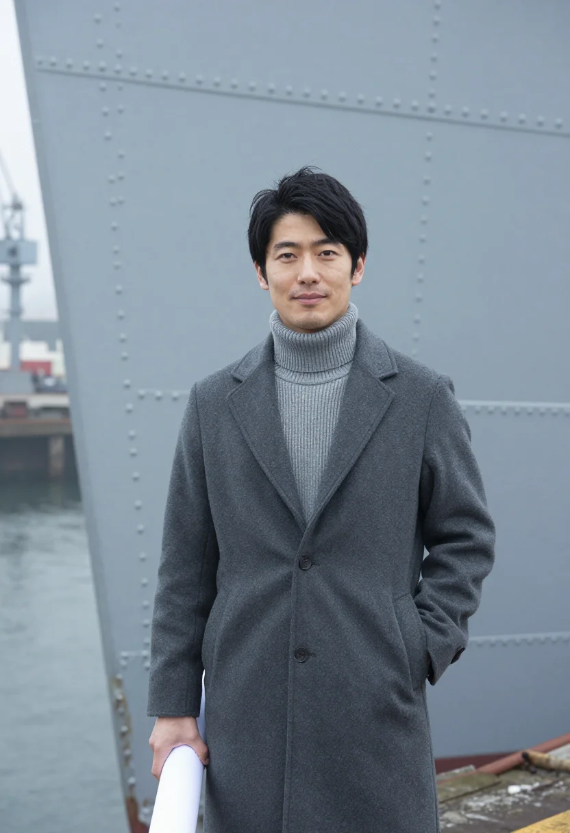 AI nagasaki naval architect harbour steel sample — portrait of a man, a naval architect in his thirties of Japa