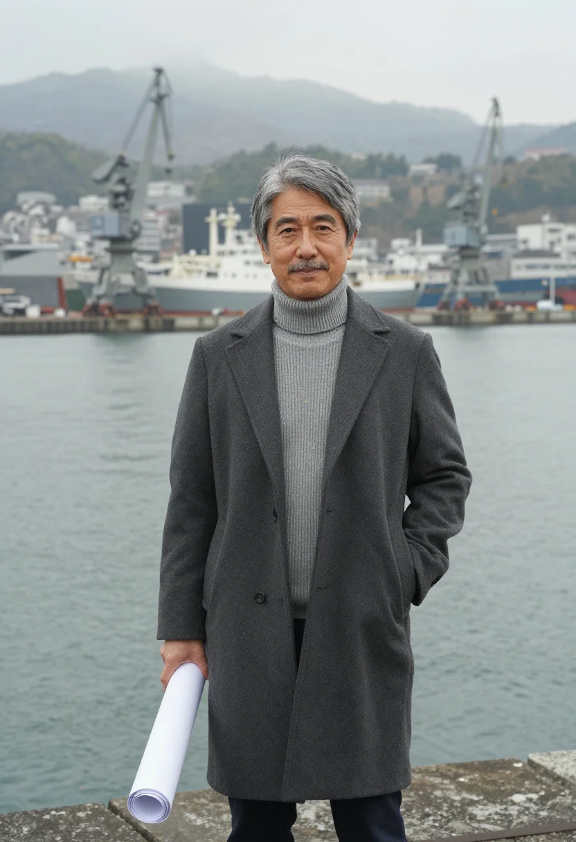 AI nagasaki naval architect harbour steel sample — portrait of a man, a naval architect in his fifties of Japan