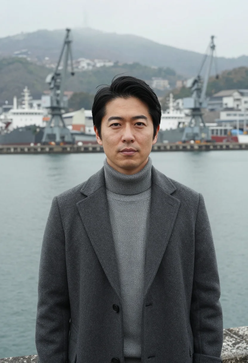 AI nagasaki naval architect harbour steel sample — portrait of a man, a naval architect in his thirties of Japa