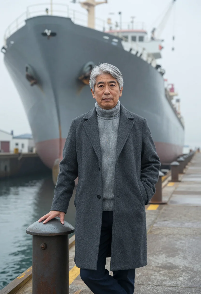 AI nagasaki naval architect harbour steel sample — portrait of a man, a naval architect in his sixties of Japan